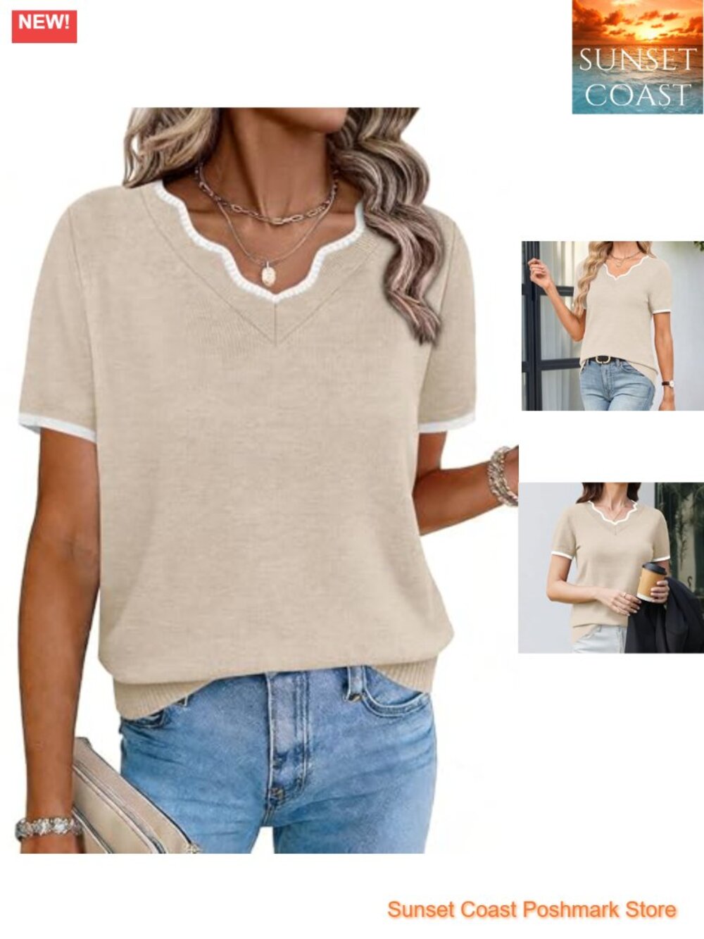 Women's V Neck Short Sleeve Lightweight Knit Sweater Relaxed Fit Casual Top